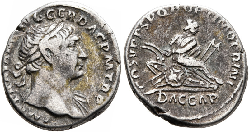 Trajan, 98-117. Denarius (Silver, 18 mm, 3.10 g, 7 h), Rome, circa 107-108. IMP ...