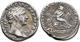 Trajan, 98-117. Denarius (Silver, 18 mm, 3.10 g, 7 h), Rome, circa 107-108. IMP TRAIANO AVG GER DAC P M TR P Laureate head of Trajan to right, with sl...