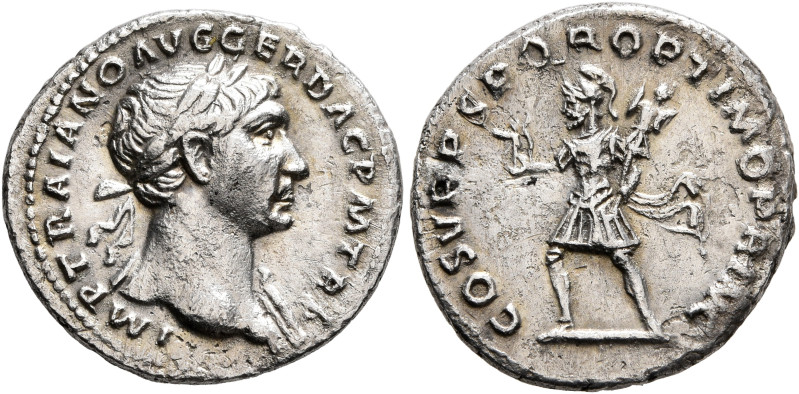 Trajan, 98-117. Denarius (Silver, 18 mm, 2.95 g, 7 h), Rome, circa 107-108. IMP ...