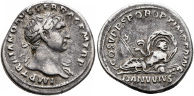 Trajan, 98-117. Denarius (Silver, 18 mm, 3.00 g, 7 h), Rome, 107-108. IMP TRAIANO AVG GER DAC P M TR P Laureate head of Trajan to right, with slight d...