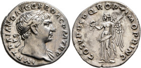 Trajan, 98-117. Denarius (Silver, 18 mm, 3.31 g, 8 h), Rome, 107-108. IMP TRAIANO AVG GER DAC P M TR P Laureate head of Trajan to right, with slight d...