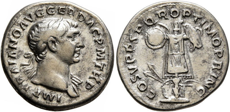Trajan, 98-117. Denarius (Silver, 18 mm, 3.26 g, 6 h), Rome, circa 107-108. IMP ...