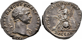 Trajan, 98-117. Denarius (Silver, 18 mm, 2.79 g, 6 h), Rome, circa 108-109. IMP TRAIANO AVG GER DAC P M TR P Laureate head of Trajan to right, with sl...