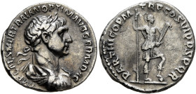 Trajan, 98-117. Denarius (Silver, 17 mm, 2.86 g, 7 h), Rome, 114-117. IMP CAES NER TRAIAN OPTIM AVG GERM DAC Laureate, draped and cuirassed bust of Tr...