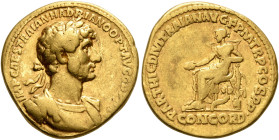 Hadrian, 117-138. Aureus (Gold, 19 mm, 6.94 g, 6 h), Rome, August-December 117. IMP CAES TRAIAN HADRIANO OPT AVG G D PART Laureate and cuirassed bust ...