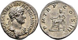 Hadrian, 117-138. Denarius (Silver, 19 mm, 3.60 g, 6 h), Rome, 119-circa mid 120. IMP CAESAR TRAIAN HADRIANVS AVG Laureate head of Hadrian to right, w...