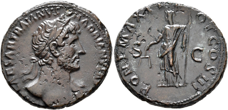 Hadrian, 117-138. As (Copper, 26 mm, 10.95 g, 7 h), Rome, 120-121. IMP CAESAR TR...