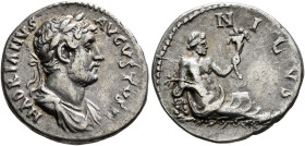 Hadrian, 117-138. Denarius (Silver, 18 mm, 2.89 g, 5 h), uncertain mint in the East, circa 130-135. HADRIANVS AVGVSTVS P P Laureate and draped bust of...