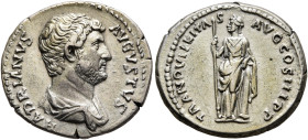Hadrian, 117-138. Denarius (Silver, 18 mm, 3.54 g, 6 h), Rome, circa 129-130. HADRIANVS AVGVSTVS Bare-headed and draped bust of Hadrian to right, seen...