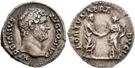 Hadrian, 117-138. Denarius (Silver, 18 mm, 3.44 g, 7 h), Rome, circa 133-135. HADRIANVS AVG COS III P P Bare head of Hadrian to right. Rev. FORTVNAE R...