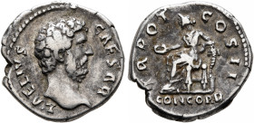 Aelius, Caesar, 136-138. Denarius (Silver, 17 mm, 3.28 g, 7 h), Rome, 137. L AELIVS CAESAR Bare head of Aelius to right. Rev. TR POT COS II / CONCORD ...