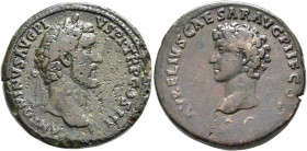 Antoninus Pius, with Marcus Aurelius as Caesar, 138-161. Sestertius (Orichalcum, 32 mm, 25.79 g, 11 h), Rome, 140. ANTONINVS AVG PIVS P P TR P COS III...