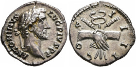 Antoninus Pius, 138-161. Denarius (Silver, 18 mm, 3.39 g, 12 h), Rome, 146. ANTONINVS AVG PIVS P P Laureate head of Antoninus Pius to right. Rev. COS ...