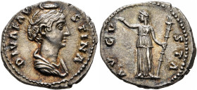 Diva Faustina Senior, died 140/1. Denarius (Silver, 19 mm, 3.61 g, 6 h), Rome. DIVA FAVSTINA Diademed and draped bust of Diva Faustina to right. Rev. ...