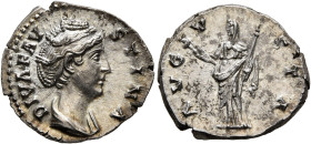 Diva Faustina Senior, died 140/1. Denarius (Silver, 18 mm, 3.10 g, 6 h), Rome. DIVA FAVSTINA Diademed and draped bust of Diva Faustina to right. Rev. ...