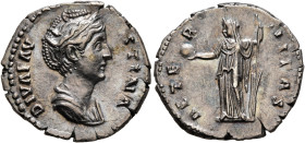 Diva Faustina Senior, died 140/1. Denarius (Silver, 19 mm, 3.27 g, 6 h), Rome. DIVA FAVSTINA Diademed and draped bust of Diva Faustina to right. Rev. ...