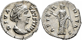 Diva Faustina Senior, died 140/1. Denarius (Silver, 18 mm, 3.00 g, 6 h), Rome. DIVA FAVSTINA Diademed and draped bust of Diva Faustina to right. Rev. ...