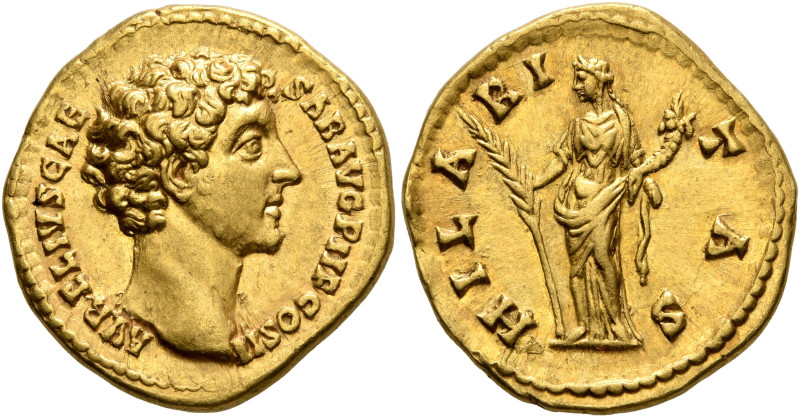 Marcus Aurelius, as Caesar, 139-161. Aureus (Gold, 19 mm, 7.38 g, 6 h), Rome, 14...