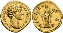 Marcus Aurelius, as Caesar, 139-161. Aureus (Gold, 19 mm, 7.38 g, 6 h), Rome, 145-147. AVRELIVS CAESAR AVG PII F COS II Bare head of Marcus Aurelius t...