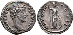 Marcus Aurelius, as Caesar, 139-161. Denarius (Silver, 17 mm, 2.90 g, 6 h), Rome, 148-149. AVRELIVS CAESAR AVG PII F Bare head of Marcus Aurelius to r...