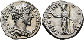 Marcus Aurelius, as Caesar, 139-161. Denarius (Silver, 17 mm, 3.24 g, 5 h), Rome, 154-155. AVRELIVS CAESAR AVG PII FIL Bare-headed, draped and cuirass...