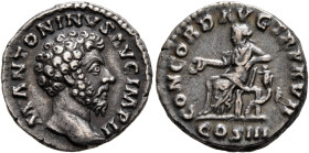 Marcus Aurelius, 161-180. Denarius (Silver, 17 mm, 3.07 g, 12 h), Rome, 161-162. M ANTONINVS AVG IMP II Bare head of Marcus Aurelius to right. Rev. CO...