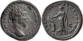 Marcus Aurelius, 161-180. Sestertius (Orichalcum, 33 mm, 24.42 g, 5 h), Rome, 163. IMP CAES M AVREL ANTONINVS AVG P M Laureate head of Marcus Aurelius...