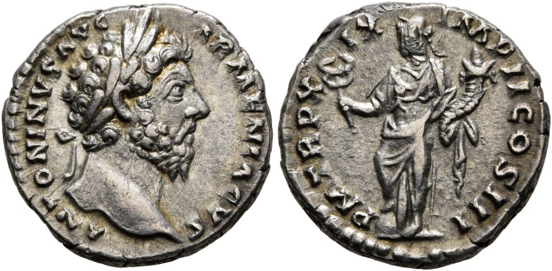 Marcus Aurelius, 161-180. Denarius (Silver, 17 mm, 3.30 g, 12 h), Rome, 164-165....