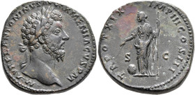 Marcus Aurelius, 161-180. Sestertius (Orichalcum, 31 mm, 27.58 g, 12 h), Rome, 165-166. M AVREL ANTONINVS AVG ARMENIACVS P M Laureate head of Marcus A...