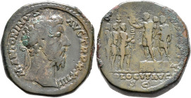 Marcus Aurelius, 161-180. Sestertius (Orichalcum, 30 mm, 29.11 g, 12 h), Rome, 170. M ANTONINVS AVG TRP XXIIII Laureate head of Marcus Aurelius to rig...