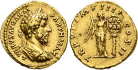 Lucius Verus, 161-169. Aureus (Gold, 20 mm, 7.21 g, 12 h), Rome, 166. L VERVS AVG ARM PARTH MAX Laureate and cuirassed bust of Lucius Verus to right, ...