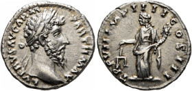 Lucius Verus, 161-169. Denarius (Silver, 18 mm, 3.29 g, 12 h), Rome, 168. L VERVS AVG ARM PARTH MAX Laureate head of Lucius Verus to right. Rev. TR P ...