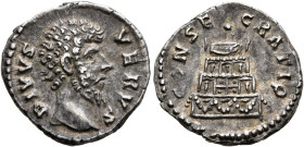 Divus Lucius Verus, died 169. Denarius (Silver, 17 mm, 3.13 g, 6 h), Rome, struck under Marcus Aurelius. DIVVS VERVS Bare head of Divus Lucius Verus t...