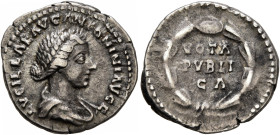 Lucilla, Augusta, 164-182. Denarius (Silver, 18 mm, 3.24 g, 6 h), Rome, 161-162. LVCILLAE AVG ANTONINI AVG F Draped bust of Lucilla to right. Rev. VOT...