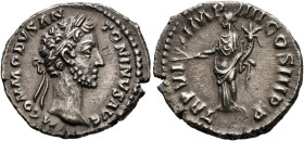 Commodus, 177-192. Denarius (Silver, 19 mm, 3.84 g, 12 h), Rome, 181. M COMMODVS ANTONINVS AVG Laureate head of Commodus to right. Rev. TR P VI IMP II...