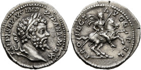 Septimius Severus, 193-211. Denarius (Silver, 19 mm, 3.23 g, 5 h), Rome, 198-200. L SEPT SEV AVG IMP XI PART MAX Laureate head of Septimius Severus to...