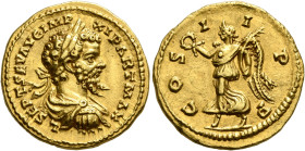 Septimius Severus, 193-211. Aureus (Gold, 20 mm, 7.09 g, 11 h), Laodicea ad Mare, 201. L SEPT SEV AVG IMP XI PART MAX Laureate, draped and cuirassed b...