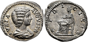 Julia Domna, Augusta, 193-217. Denarius (Silver, 20 mm, 3.27 g, 12 h), Rome, 198-202. IVLIA AVGVSTA Draped bust of Julia Domna to right. Rev. PVDICITI...