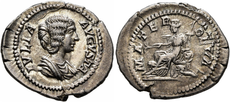 Julia Domna, Augusta, 193-217. Denarius (Silver, 22 mm, 3.54 g, 11 h), Rome, 205...