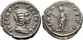 Julia Domna, Augusta, 193-217. Denarius (Silver, 18 mm, 2.48 g, 6 h), Rome, 212-214. IVLIA PIA FELIX AVG Draped bust of Julia Domna to right. Rev. DIA...