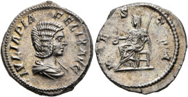 Julia Domna, Augusta, 193-217. Denarius (Silver, 19 mm, 3.59 g, 1 h), Rome, 215. IVLIA PIA FELIX AVG Draped bust of Julia Domna to right. Rev. VESTA V...