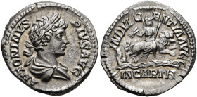 Caracalla, 198-217. Denarius (Silver, 19 mm, 3.49 g, 6 h), Rome, 203. ANTONINVS PIVS AVG Laureate and draped bust of Caracalla to right, seen from beh...
