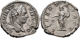 Caracalla, 198-217. Denarius (Silver, 19 mm, 3.14 g, 12 h), Rome, 208. ANTONINVS PIVS AVG Laureate head of Caracalla to right. Rev. LIBERTAS AVG Liber...