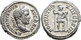 Caracalla, 198-217. Denarius (Silver, 19 mm, 3.08 g, 1 h), Rome, 210. ANTONINVS PIVS AVG BRIT Laureate head of Caracalla to right. Rev. PONTIF TR P XI...