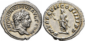 Caracalla, 198-217. Denarius (Silver, 19 mm, 3.12 g, 12 h), Rome, 214. ANTONINVS PIVS AVG GERM Laureate head of Caracalla to right. Rev. P M TR P XVII...