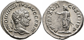 Caracalla, 198-217. Denarius (Silver, 18 mm, 3.28 g, 6 h), Rome, 214. ANTONINVS PIVS AVG GERM Laureate head of Caracalla to right. Rev. P M TR P XVII ...
