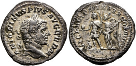 Caracalla, 198-217. Denarius (Silver, 19 mm, 3.23 g, 6 h), Rome, 217. ANTONINVS PIVS AVG GERM Laureate head of Caracalla to right. Rev. P M TR P XX CO...