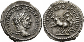 Caracalla, 198-217. Denarius (Silver, 19 mm, 2.83 g, 12 h), Rome, 217. ANTONINVS PIVS AVG GERM Laureate head of Caracalla to right. Rev. P M TR P XX C...