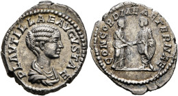 Plautilla, Augusta, 202-205. Denarius (Silver, 19 mm, 3.32 g, 6 h), Rome, 202. PLAVTILLAE AVGVSTAE Draped bust of Plautilla to right. Rev. CONCORDIAE ...