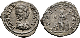Plautilla, Augusta, 202-205. Denarius (Silver, 18 mm, 3.81 g, 6 h), Rome, 204. PLAVTILLA AVGVSTA Draped bust of Plautilla to right. Rev. VENVS VICTRIX...